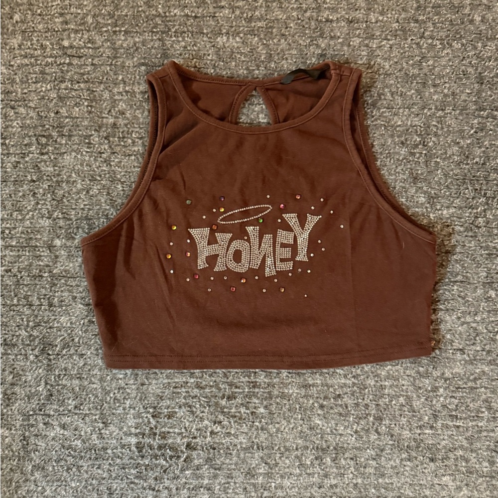 SHEIN Brown Bedazzled Honey Crop Top